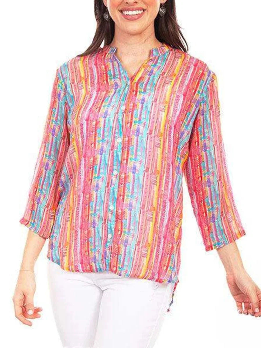 Vibrant Stripe Stand Collar 3/4 Sleeve Button Blouse