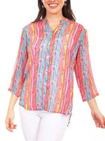 Vibrant Stripe Stand Collar 3/4 Sleeve Button Blouse