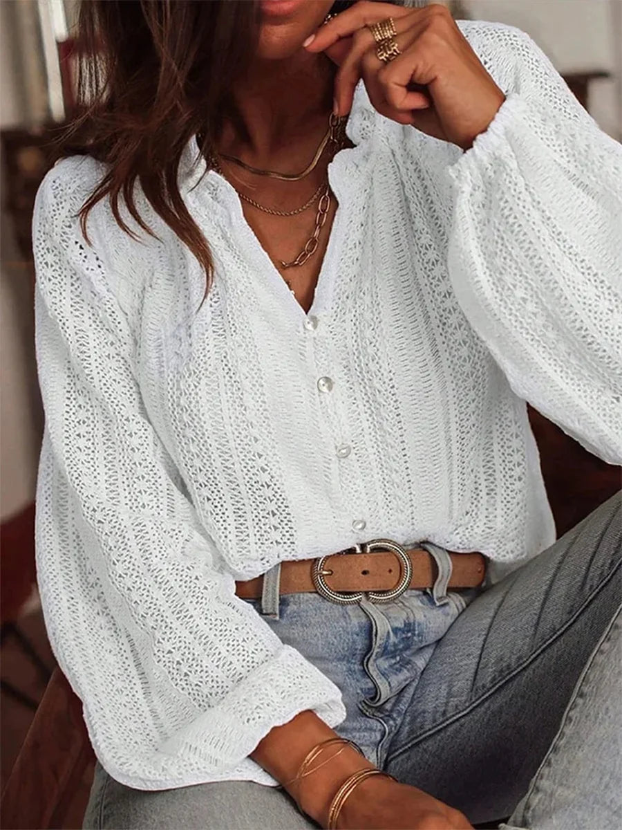 Women's Hollow-out Lace V-neck Single-breasted Long-sleeved Shirt