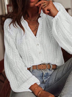 Women's Hollow-out Lace V-neck Single-breasted Long-sleeved Shirt