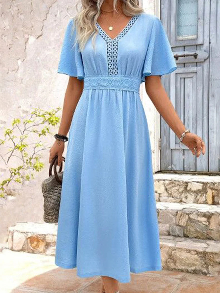 V-neck Short Sleeve Blue Plain Midi Dress
