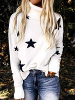White Casual Graphic Tops High Neck Long Sleeve Stars Printed Sweaters