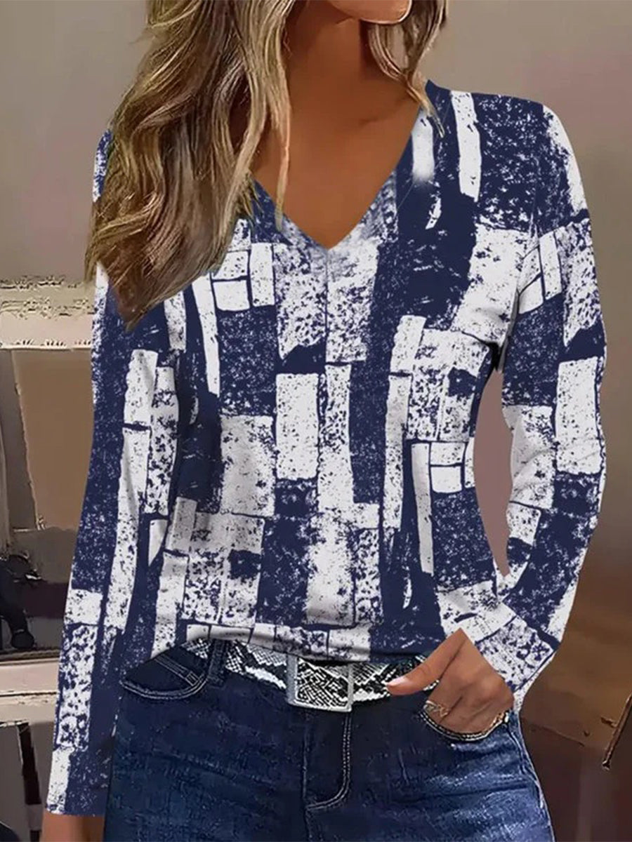 Vintage Casual V-neck Long Sleeve T-Shirt