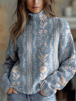 Vintage Floral Stripes Print Round Neck Long Sleeeve Pullover Sweater