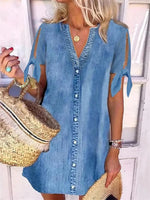 Chambray V-Neck Button Front Split Sleeve Mini Dress