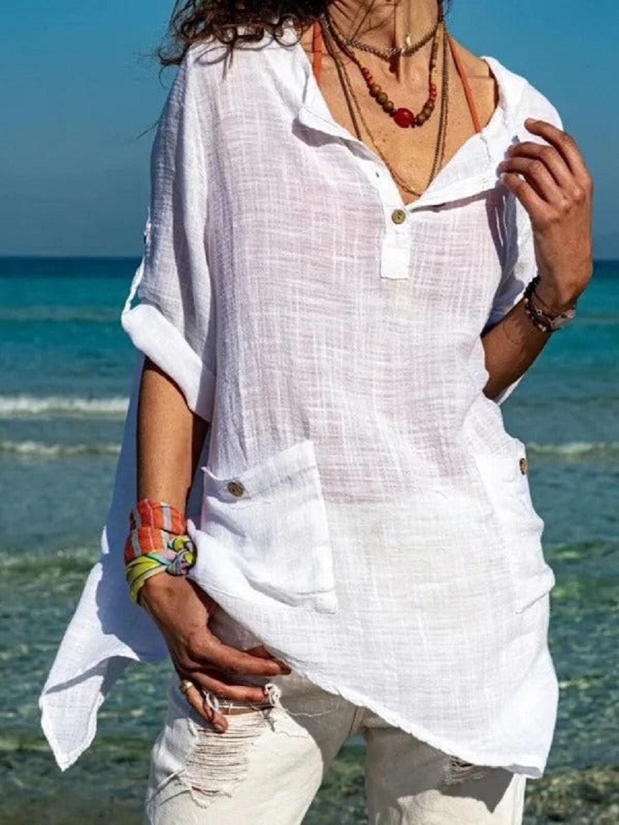 White Casual V Neck Solid Long Sleeve Blouse