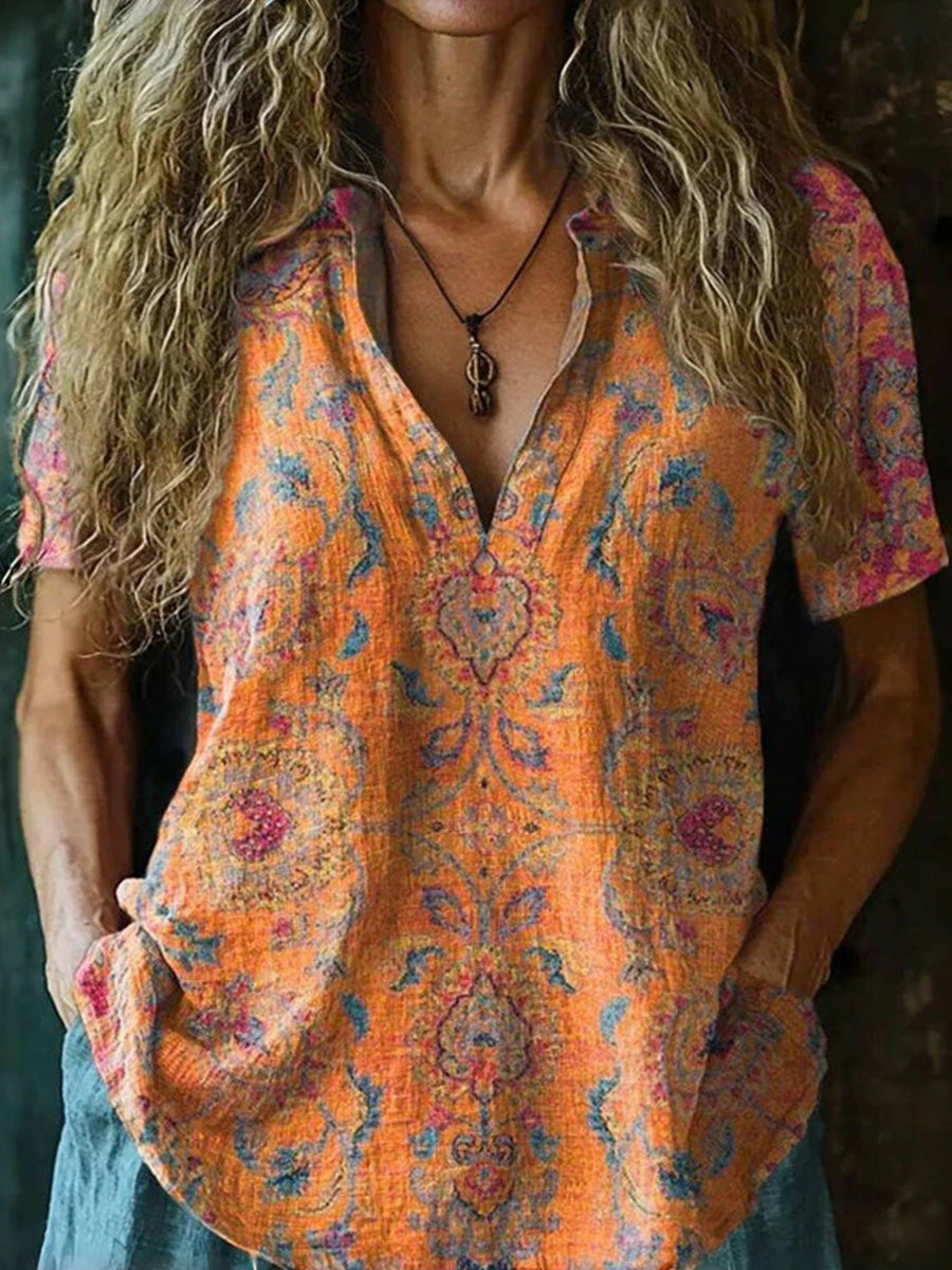 Vintage Ethnic Print V-neck Short Sleeve Blouse