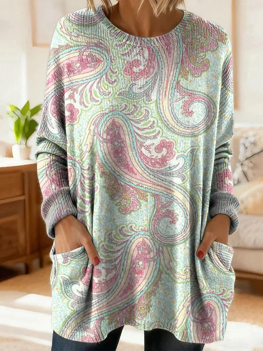 Women's Retro Floral Ethnic Art Print Casual Round Neck Long Sleeve Sweater