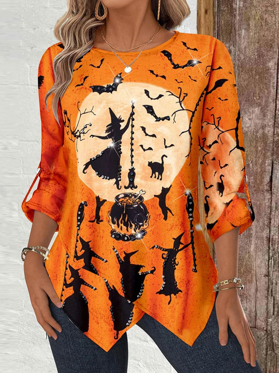 Women Long Sleeve Scoop Neck Ghost Printed Orange Top