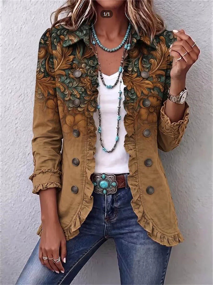 Rustic Damask Print Ruffled Long Sleeve Jacket