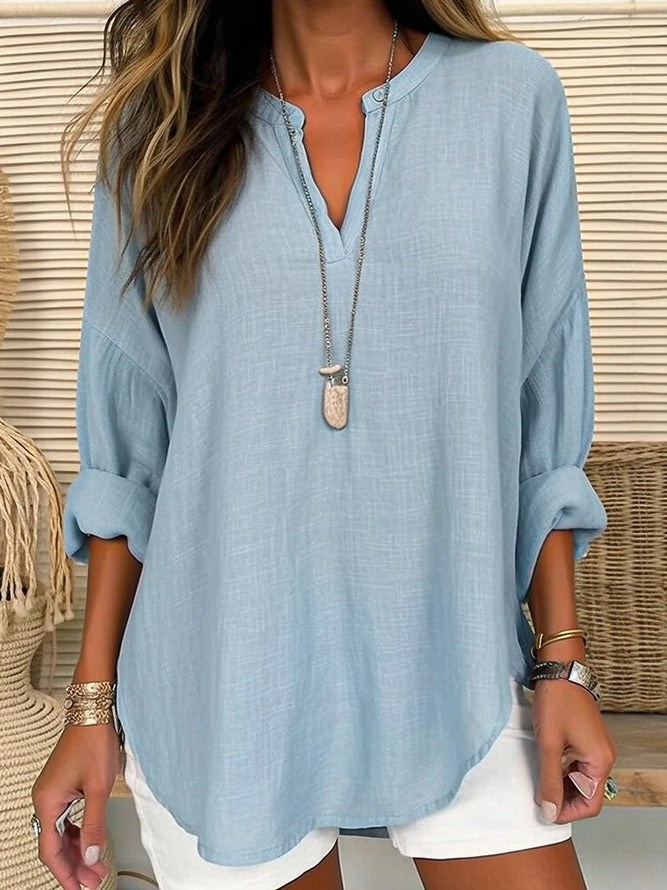 Blue Casual V Neck Solid Long Sleeve Blouse