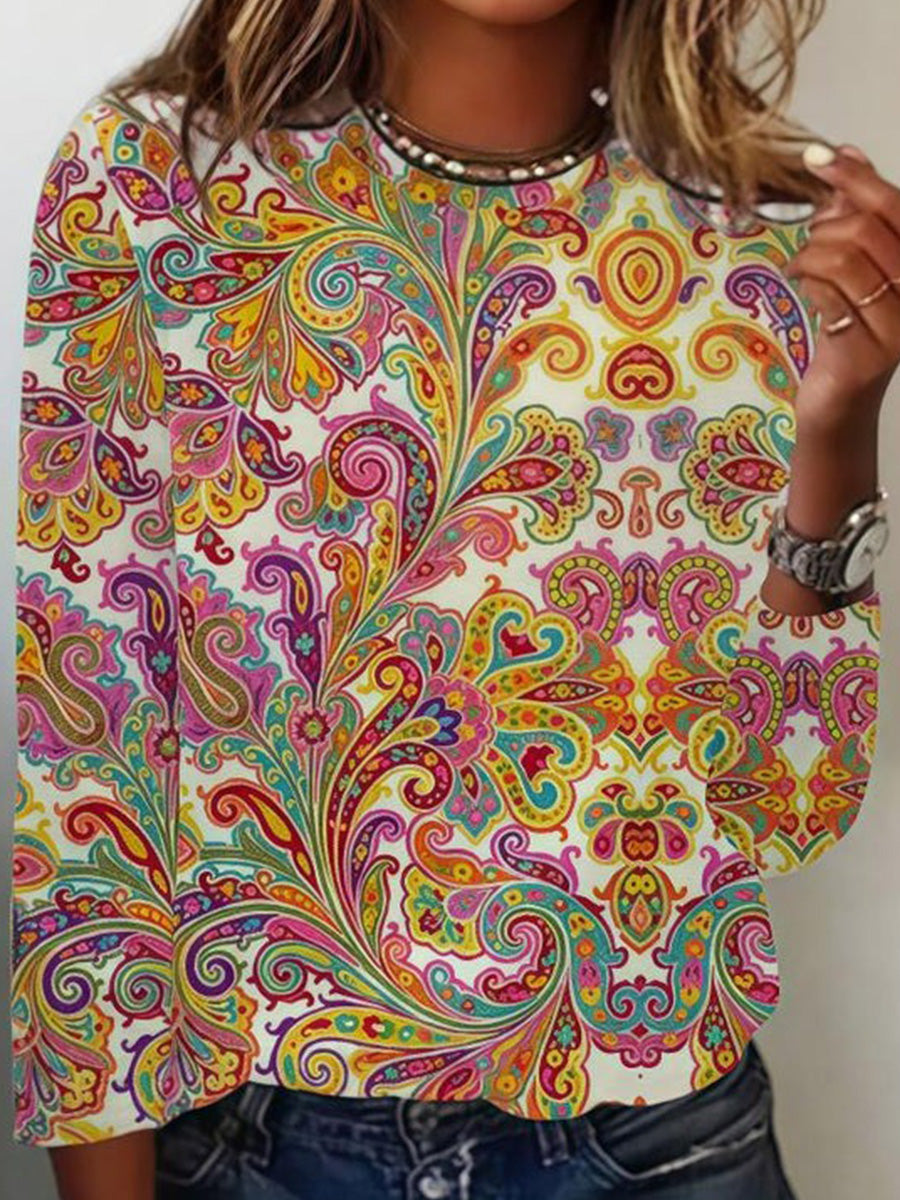 Vintage Ethnic Print Crew Neck Blouse