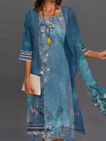 Floral Print Round Neck 3/4 Sleeve Two Piece Dress