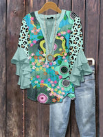 Vintage Floral Print V-neck 3/4 Sleeve Blouse