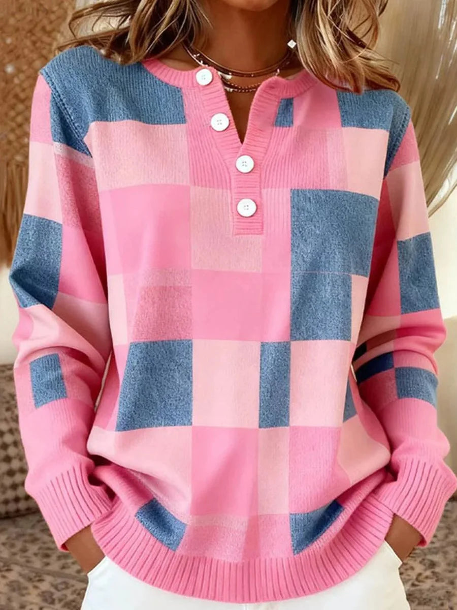 Sweet Pink Plaid Long Sleeve Button Front Knit Sweater