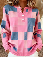 Sweet Pink Plaid Long Sleeve Button Front Knit Sweater