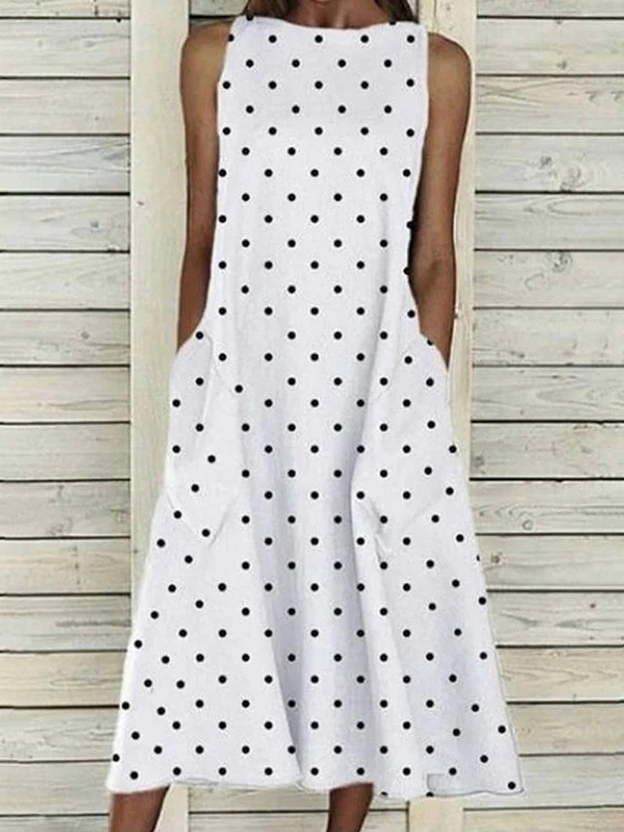 Casual Polka Dot Print Round Neck Sleeveless Dress