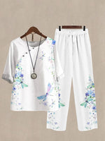 White Casual Round Neck Dragonfly Printed Half Sleeve Two Piece Suit
