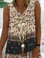 Women’s Boho Sleeveless Patchwork Print A-Line Midi Dress with Pockets