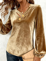 Gold Velvet Plain V-neck Long Sleeve Top