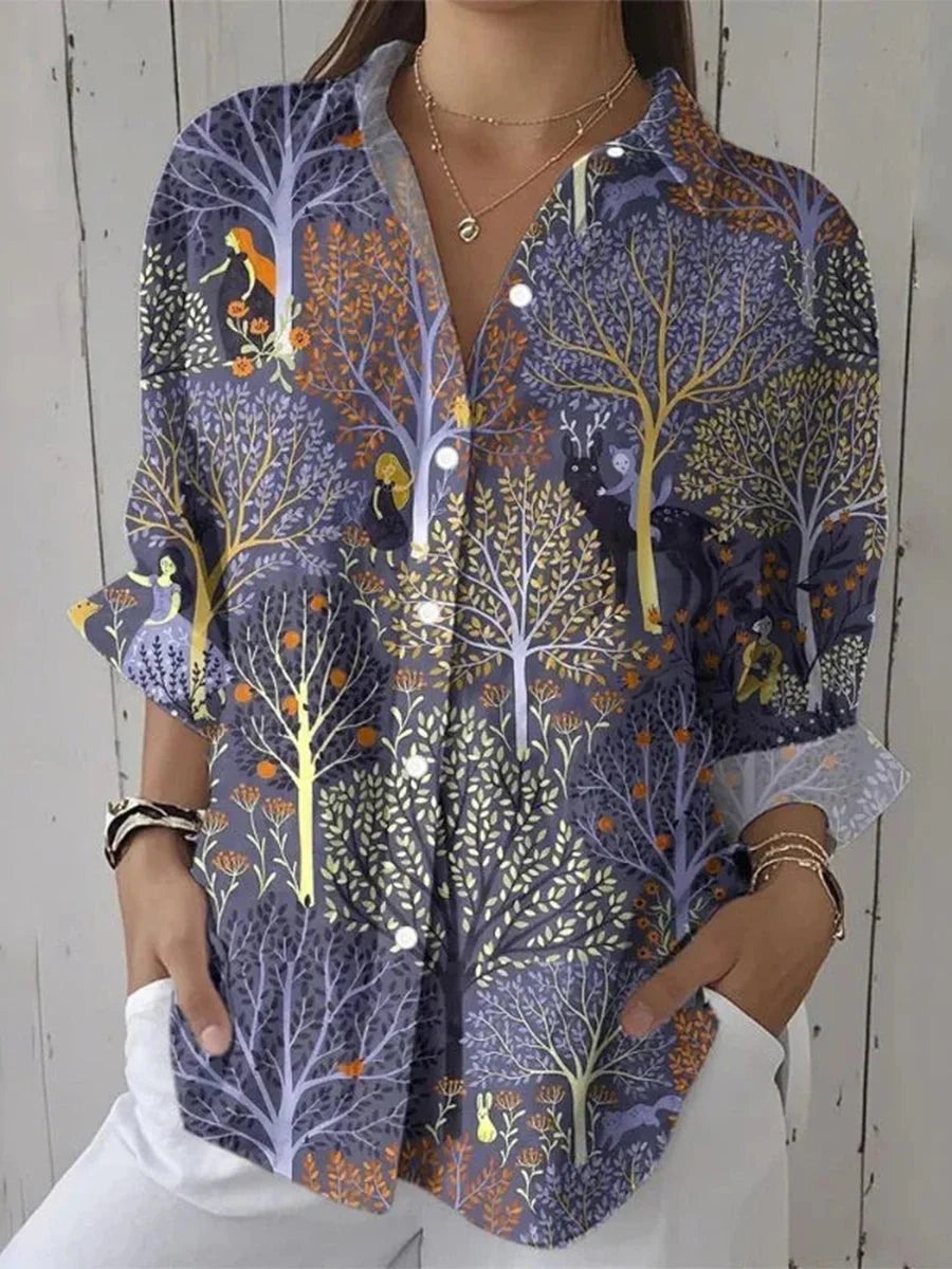 Vintage Tree Print Long Sleeve Blouse