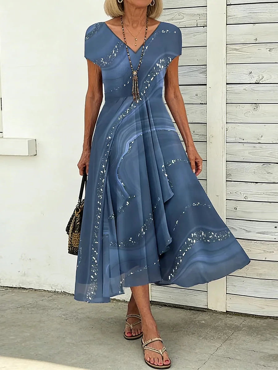 Blue Sequin-Embellished V-neck Short Sleeve Midi Dress