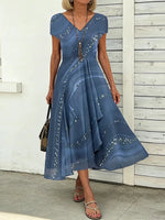 Blue Sequin-Embellished V-neck Short Sleeve Midi Dress