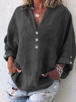 Buttoned V-neck Cotton Long Sleeve Blouse