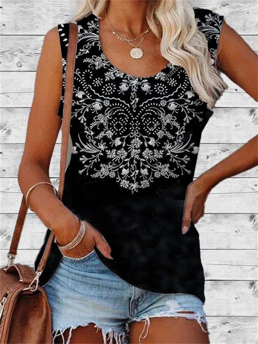Women?ˉs Black Sleeveless Tank Top with White Boho Floral Print