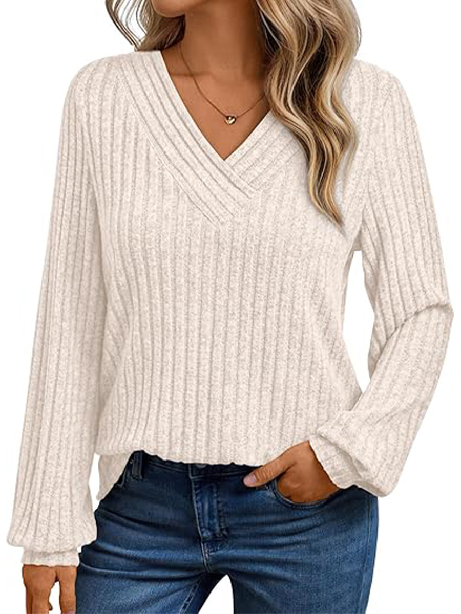Plain V-neck Long Sleeve Sweater