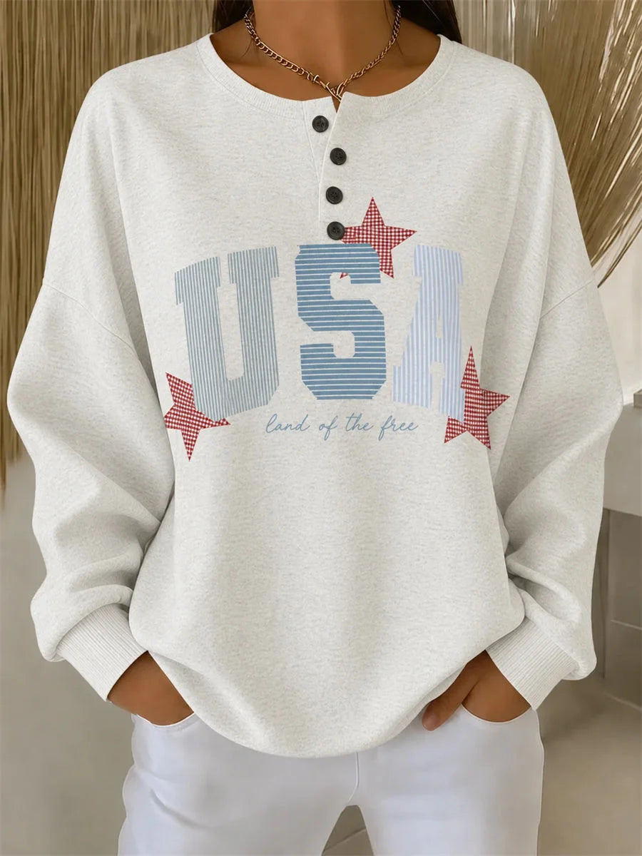 Casual Henley Collar Text Long Sleeve Letters Sweatshirt