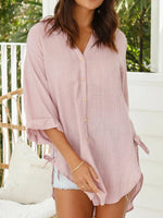 Pink Solid Casual Tops Collared Long Sleeve Blouse