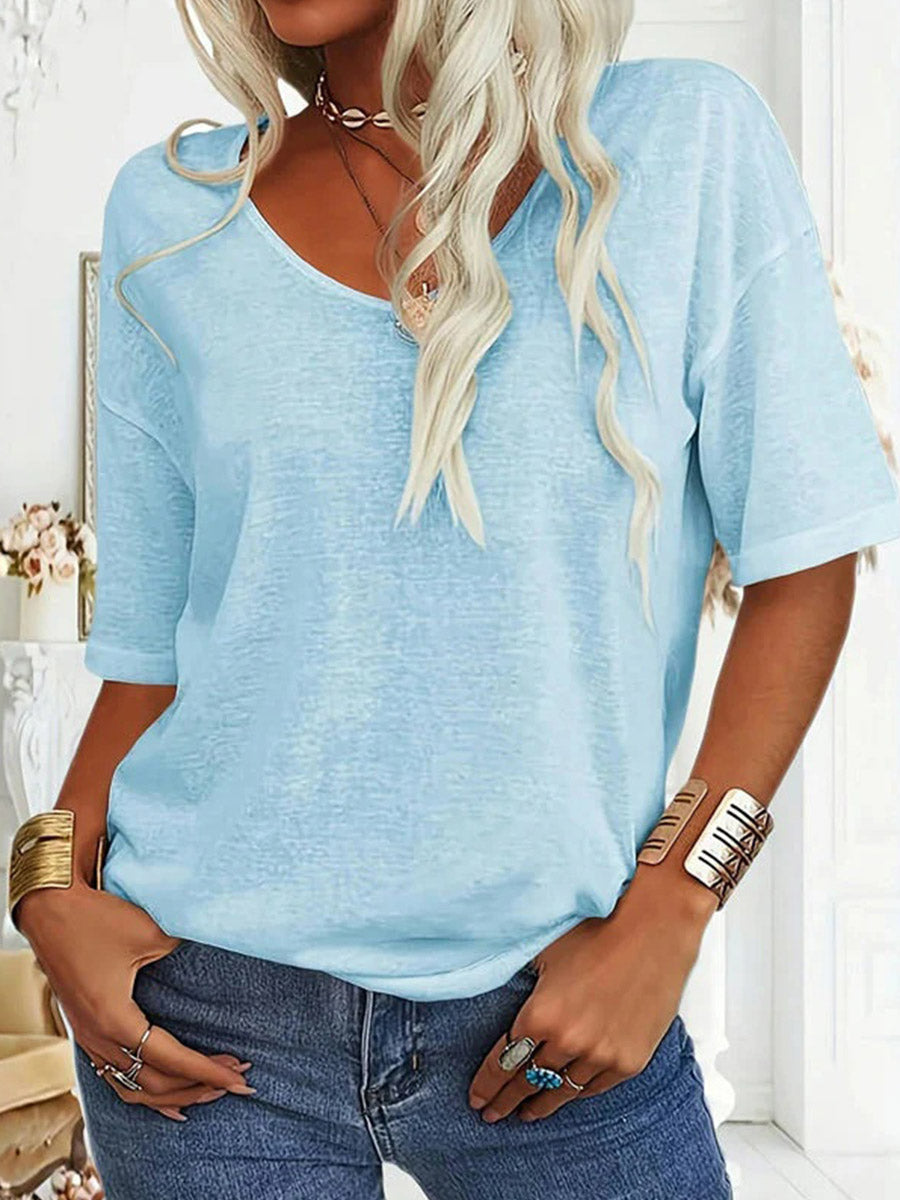 Casual Solid Colour V-neck Short Sleeve T-Shirt