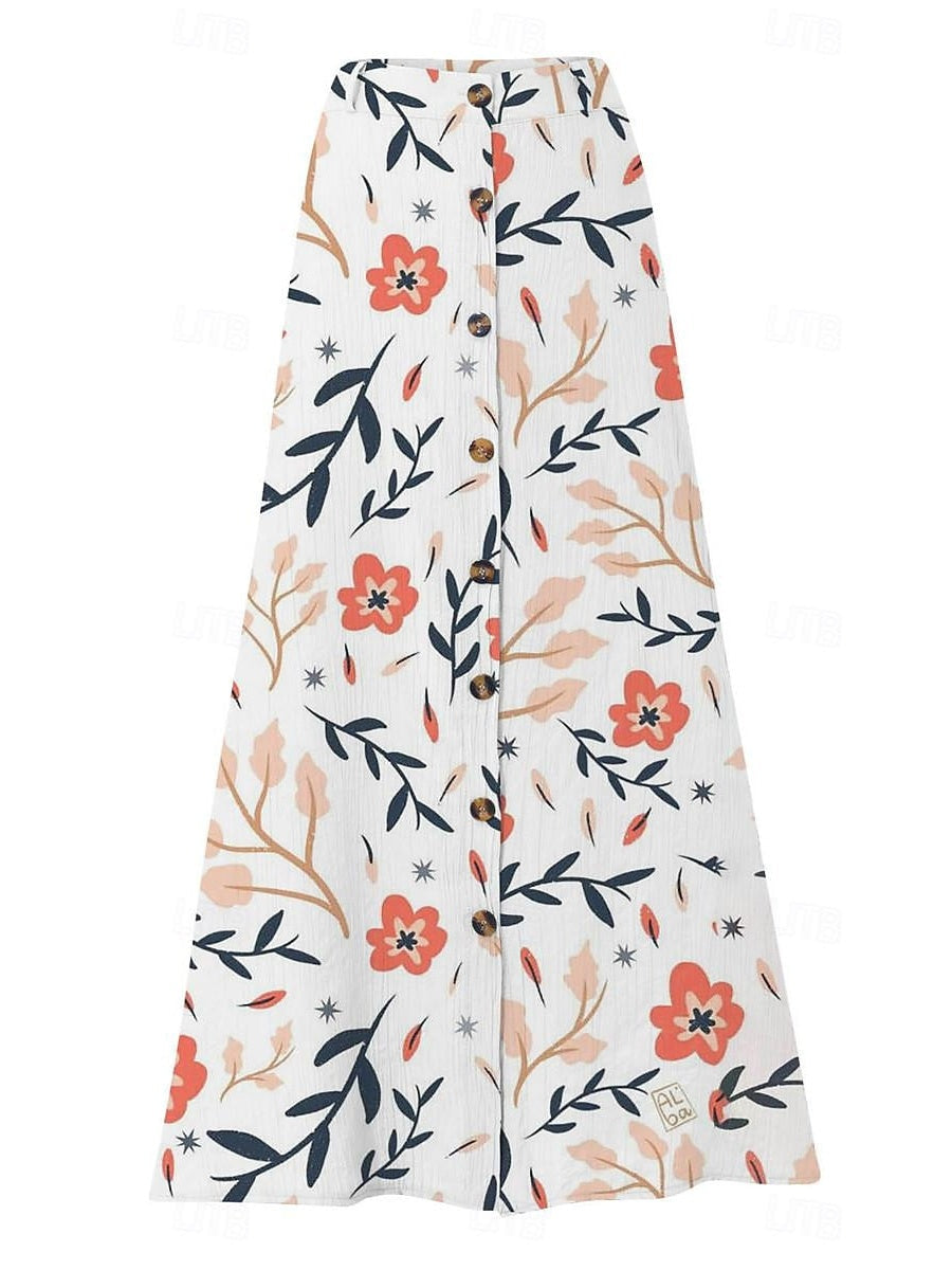 Women's Floral Printed Graphic Straight Fashion Split Button Maxi High Waist Skirt