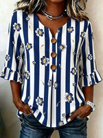 Blue Striped Floral Print Ruffle 3/4 Sleeve Top