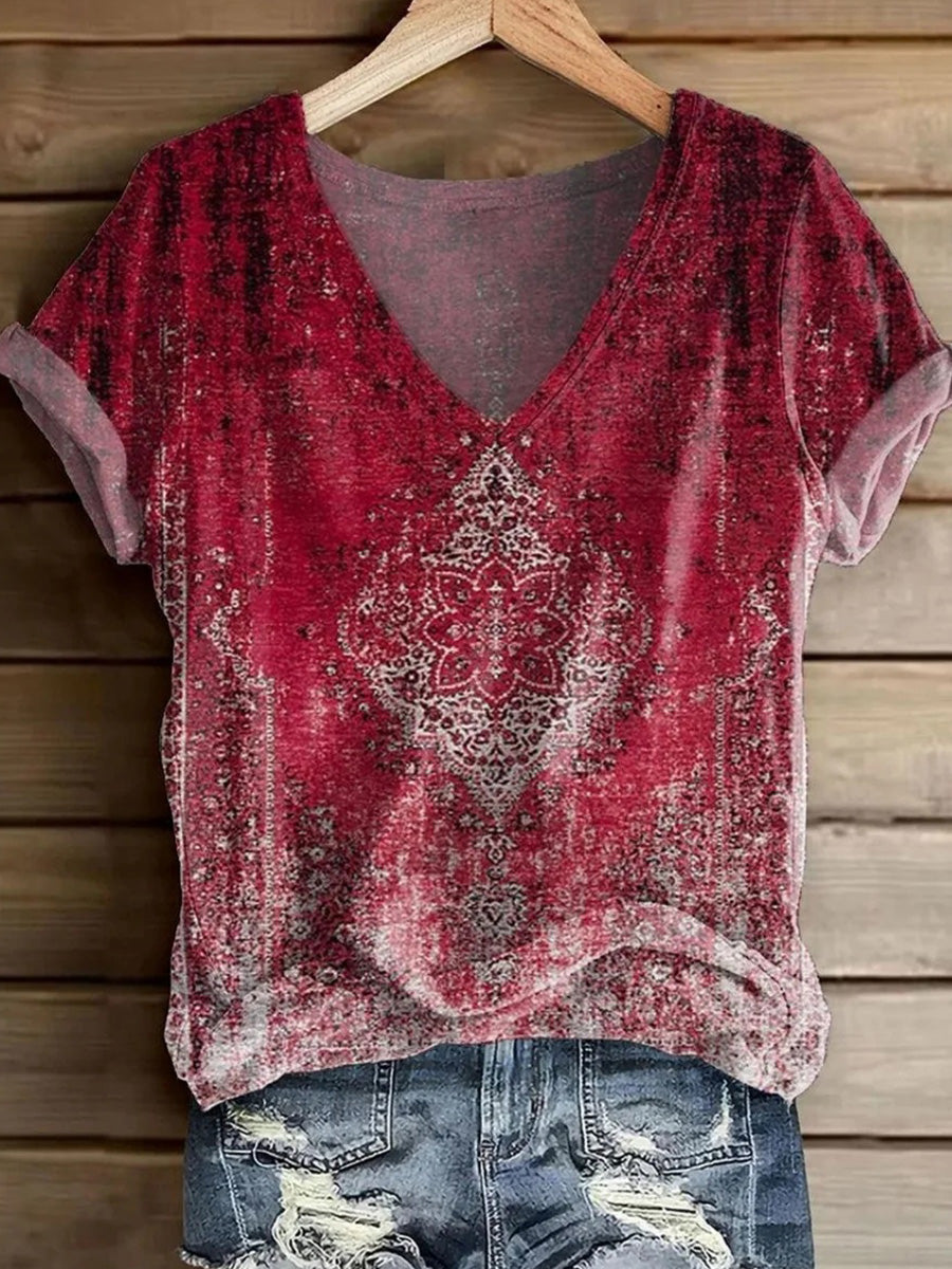 Showy Red V-neck Short Sleeve Top
