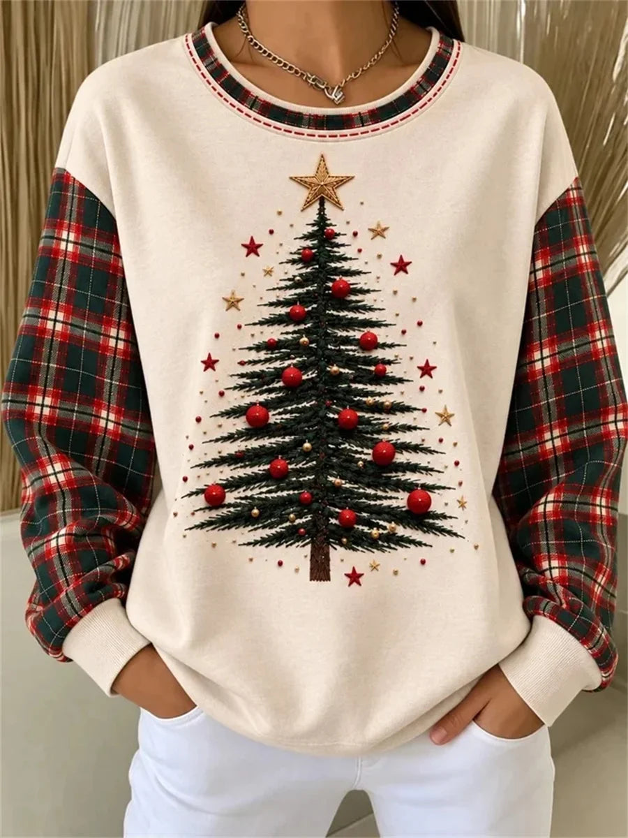 Women Casual Plaid Christmas Trees Round Neck Long Sleeve Sweatshirt