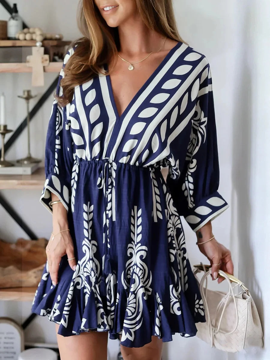 Navy Cinched-Waist 3/4 Sleeve Mini Dress