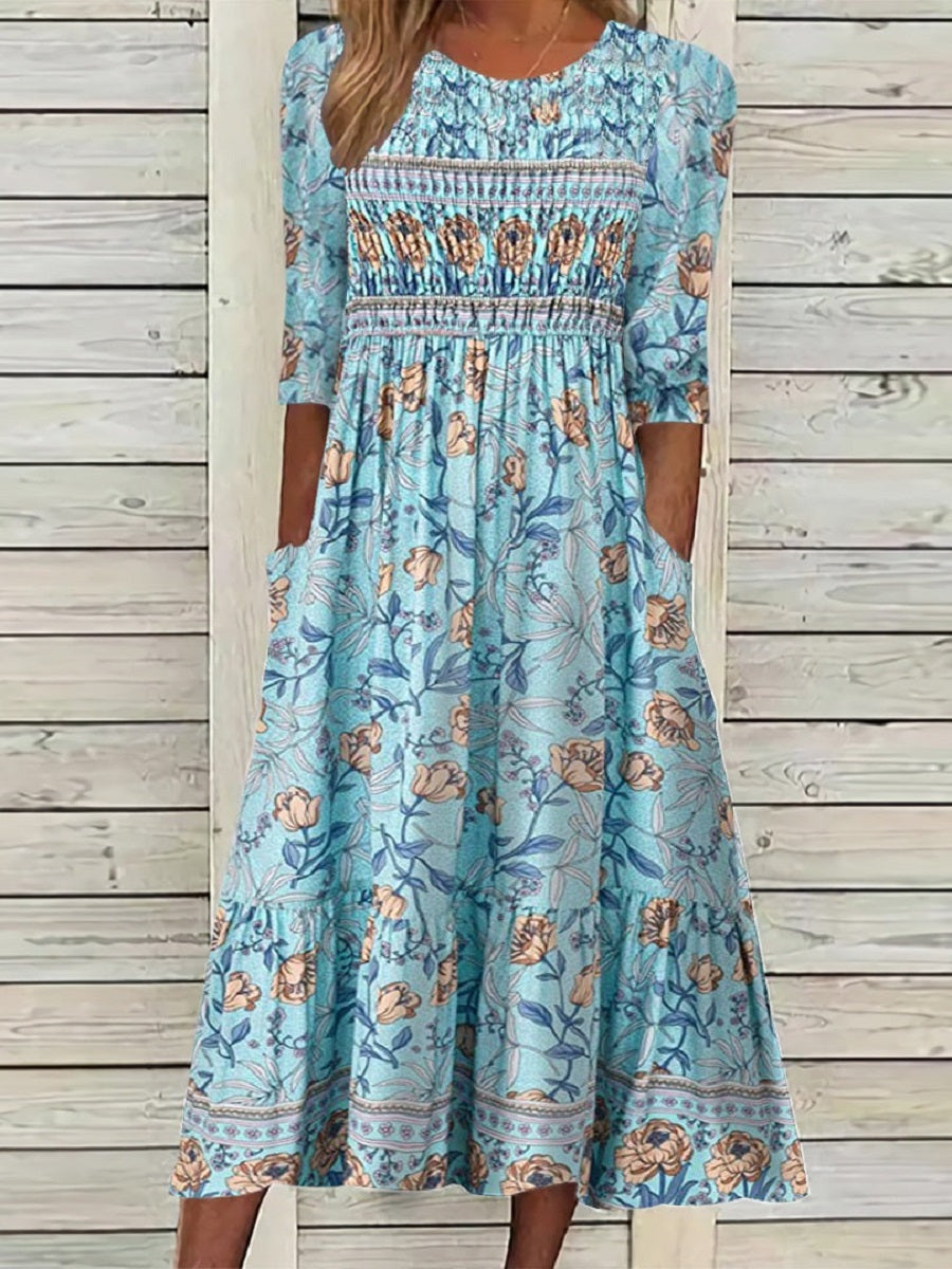 Women's Floral Smocked Half Sleeve Boho Midi Dress with Pockets
