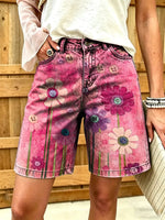 Women's Floral Watercolor Print Cotton Denim Shorts