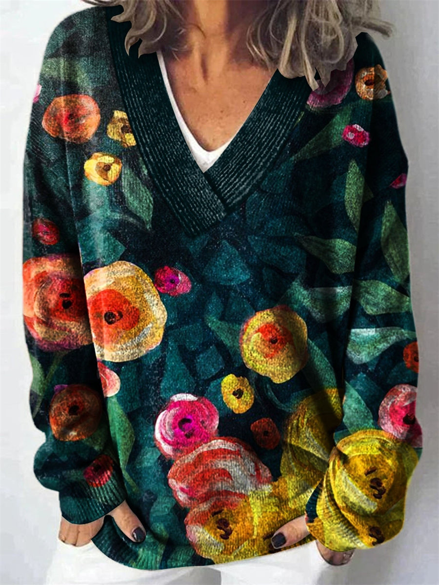 Retro Floral Print V-Neck Long Sleeve Pullover Sweater