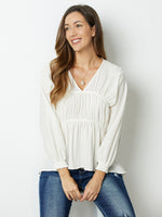 Whitegold Solid Ruffles V-neck Long Sleeve Blouse
