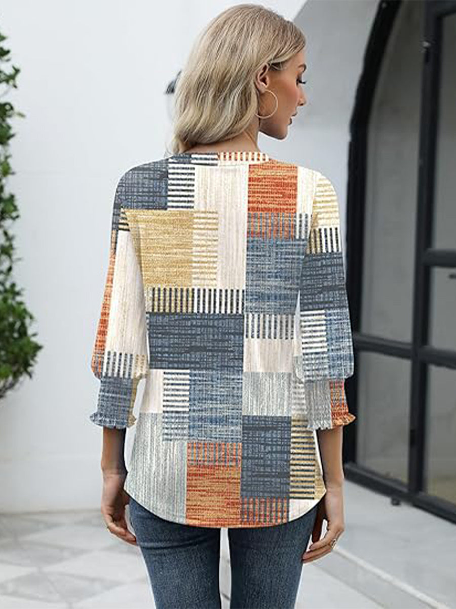 V-neck 3/4 Sleeve Casual Blouse