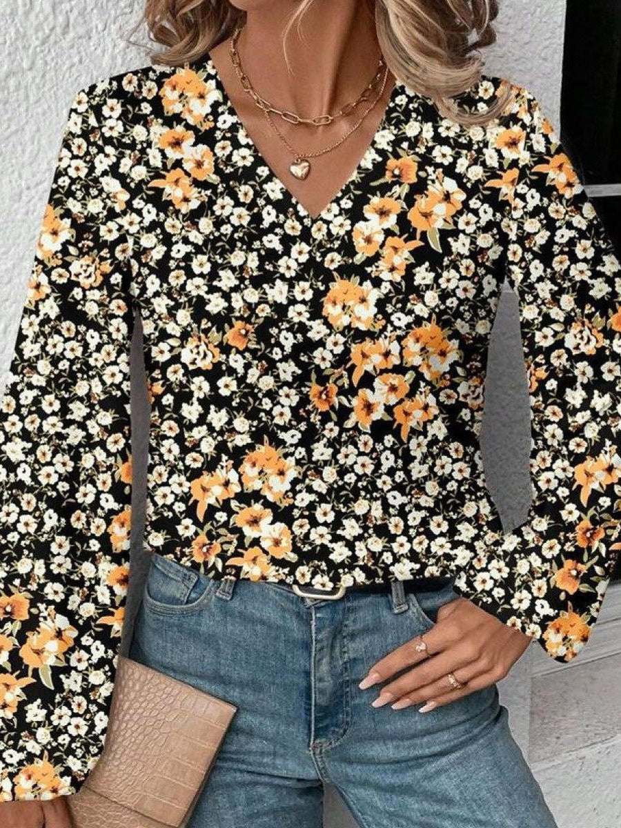 Unique V-Neck Long Sleeve Floral Print Top