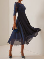 Wedding Party Lace Chiffon Zip 3/4 Sleeve Midi Formal Dress