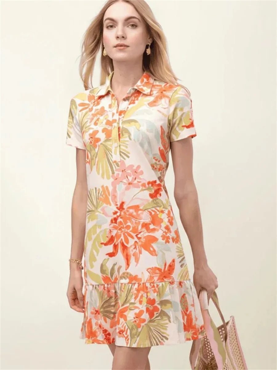 Tropical Floral Print Short Sleeve Polo Tennis Dress