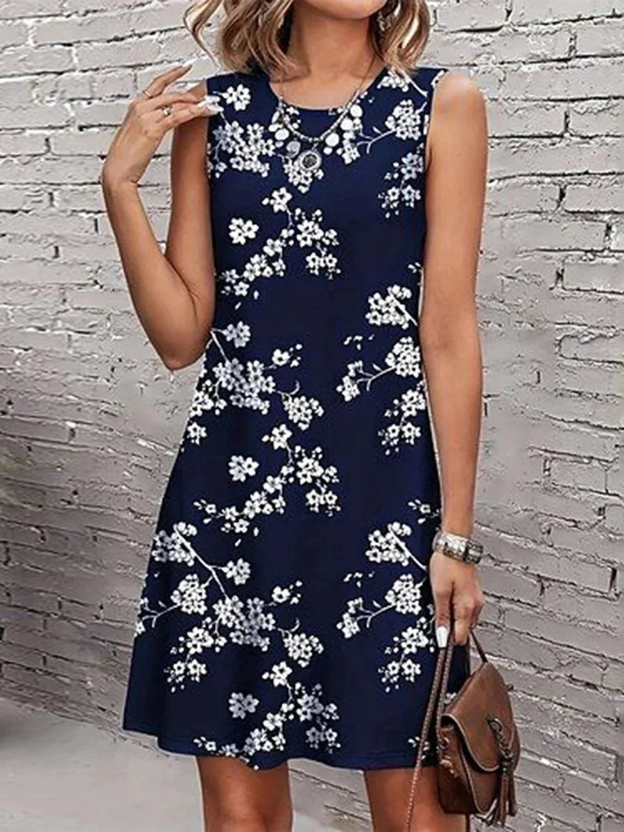 Navy Floral Print Round Neck Sleeveless A-Line Shift Dress