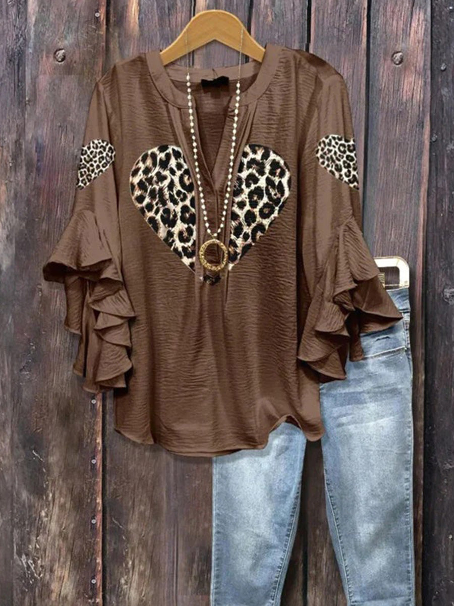 Vintage Heart Print V-neck 3/4 Sleeve Blouse