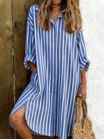 Retro Striped Long-sleeved Shirt Dress