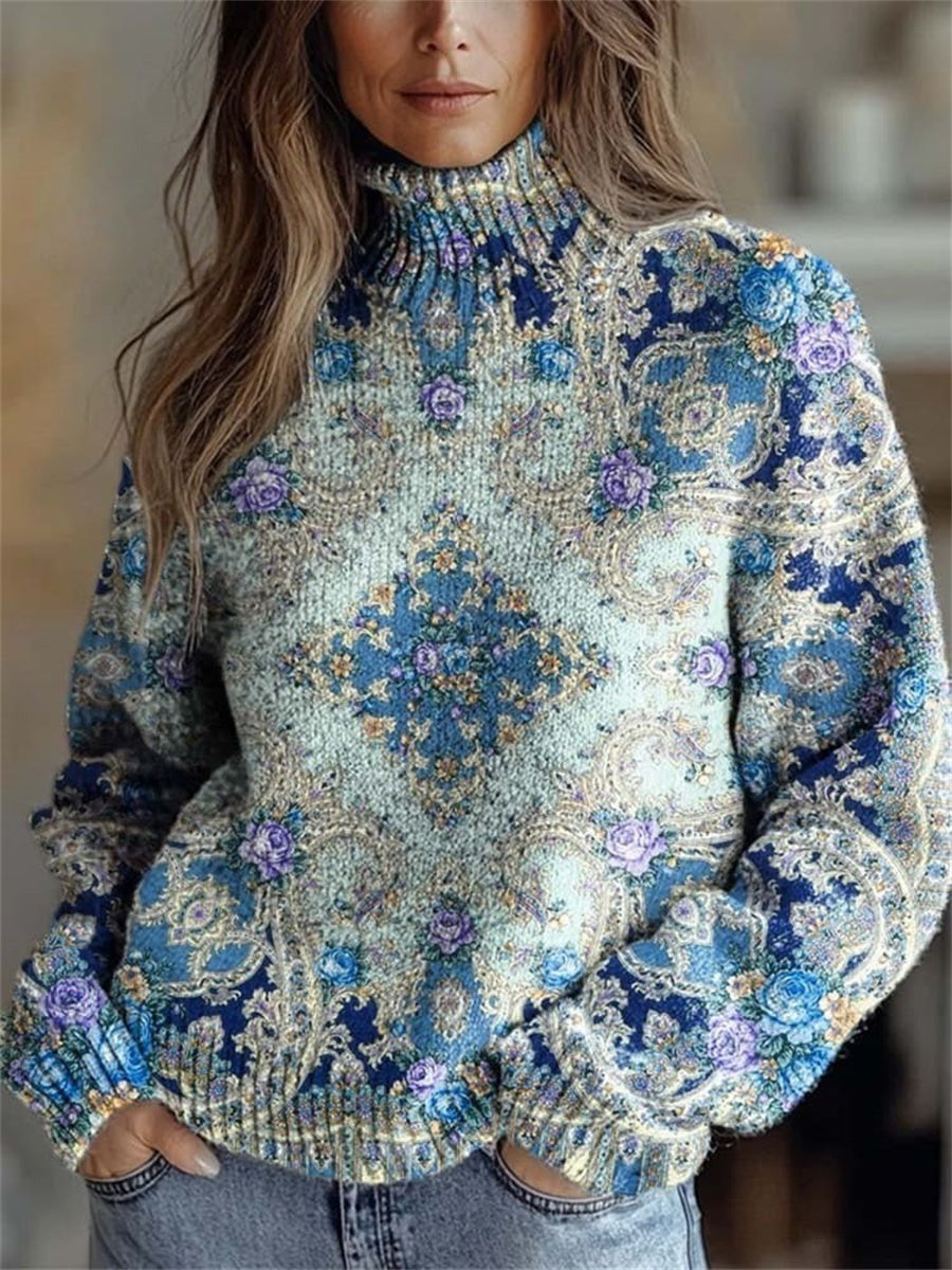 Lovely Ethnic Floral Print Round Neck Long Sleeve Sweater